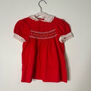 Vintage Polly Flinders Hand Smocked Red Holiday Dress White Lace Trim Size T2